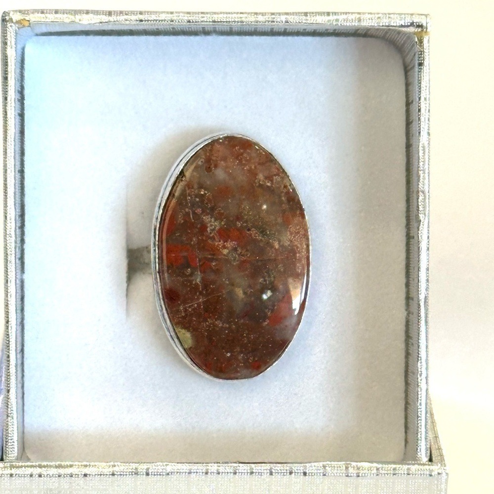 Handcrafted oval large Jasper silver plated overlay ring. Size 9.5 vintage look